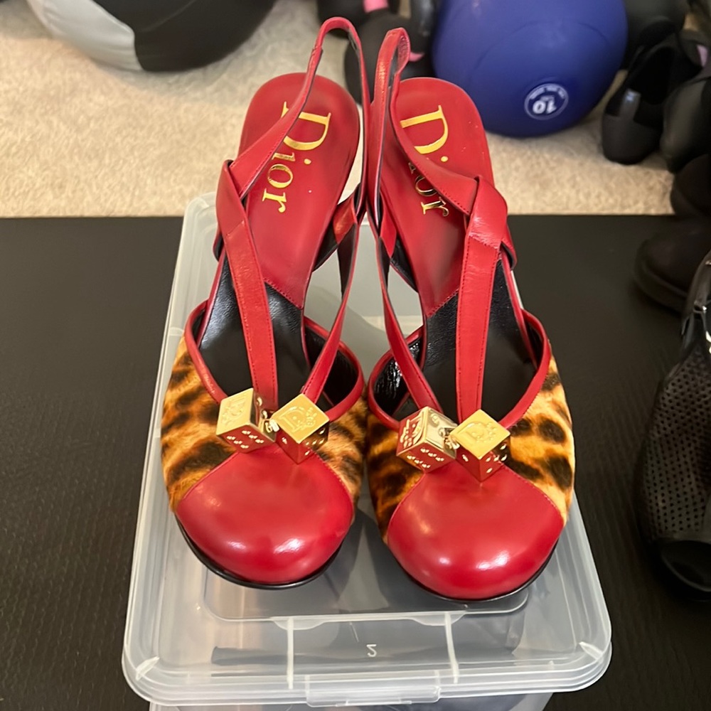 Dior dice heels in red with leopard print detail